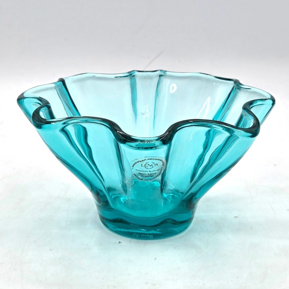 Lenox Organics Turquoise Ruffle Handkerchief Glass Bowl Votive Candle Holder